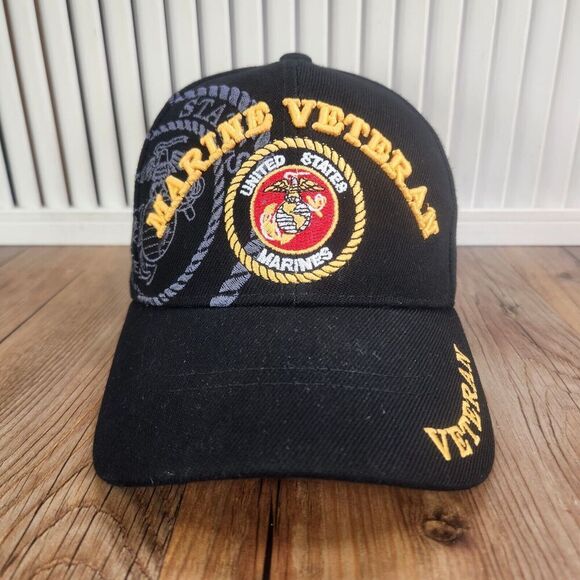 Marine Veteran Golden Lion Strapback Hat Cap Black Embroidered Military Service - Picture 2 of 10